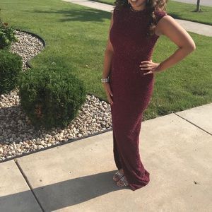 Women’s evening dress burgundy. Beautiful beaded gown with slit.